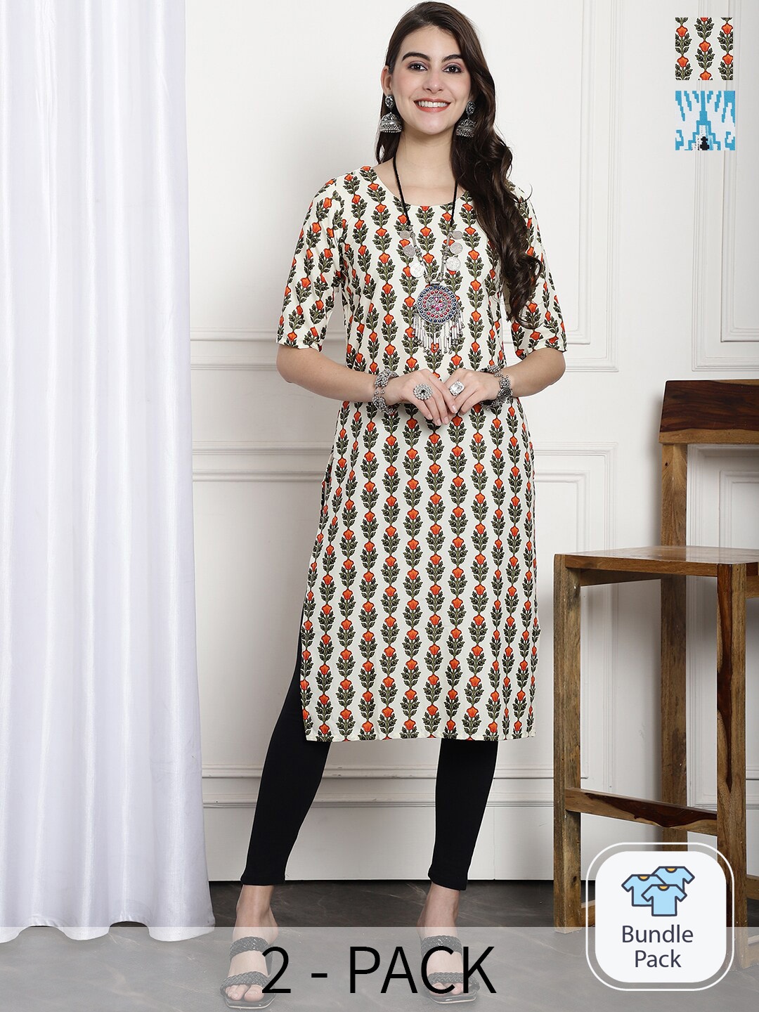 

7Threads A Selection of 2 Ethnic Motifs Printed Straight Kurta, Off white