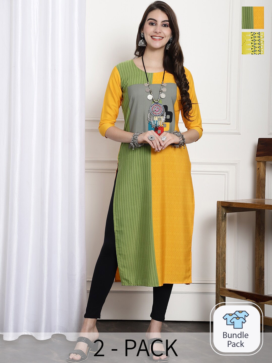 

KALINI Selection Of 2 Ethnic Motifs Printed Straight Kurtas, Yellow