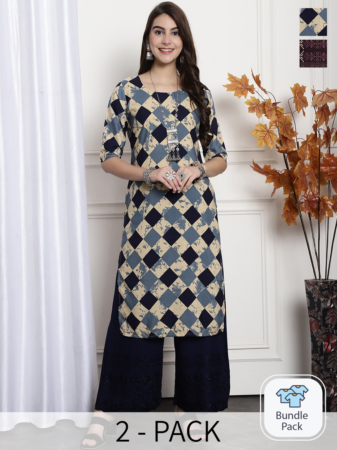 

7Threads Selection Of 2 Geometric Printed Straight Kurta, Navy blue