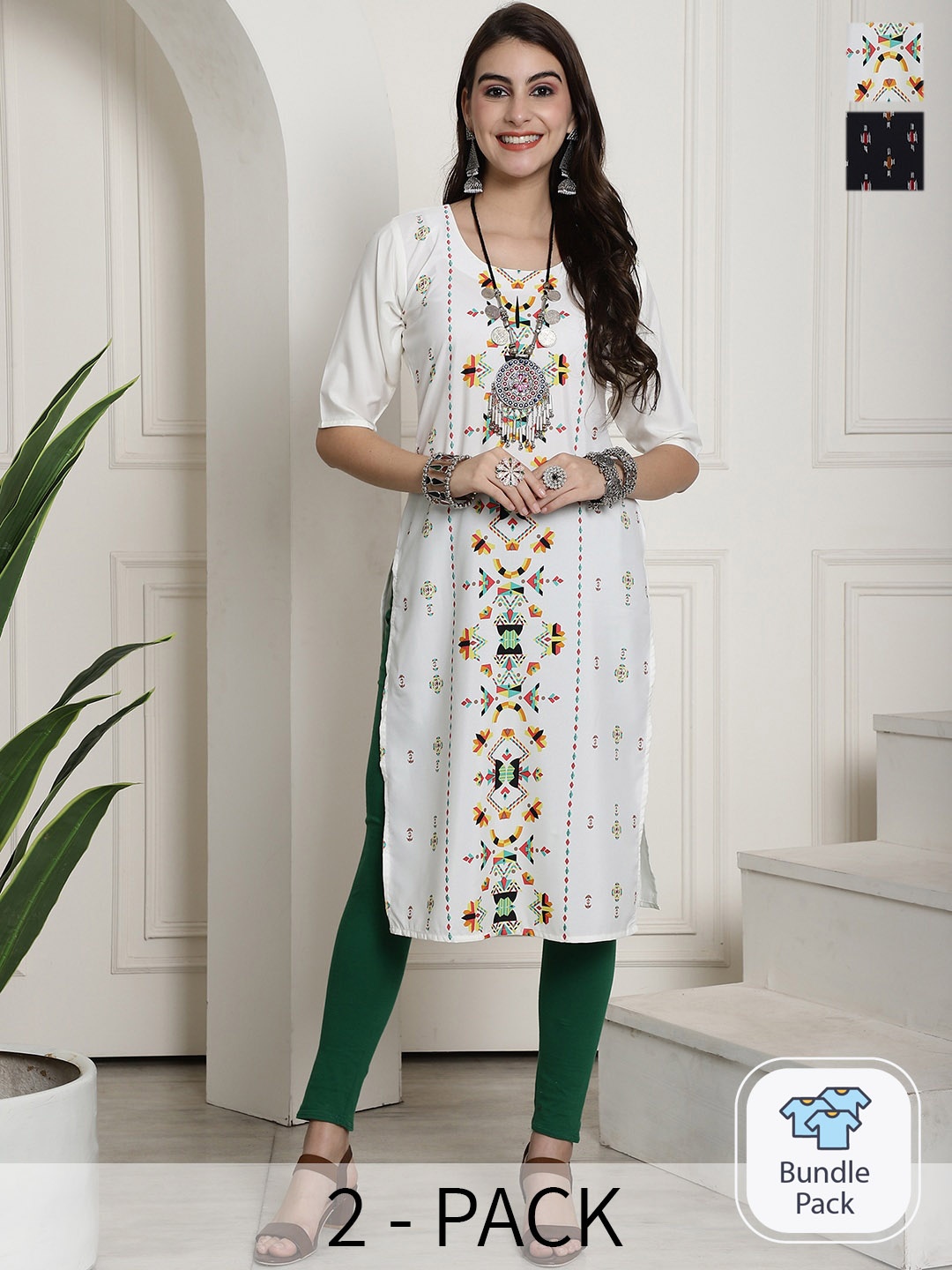 

KALINI Selection Of 2 Ethnic Motifs Printed Straight Kurta, White