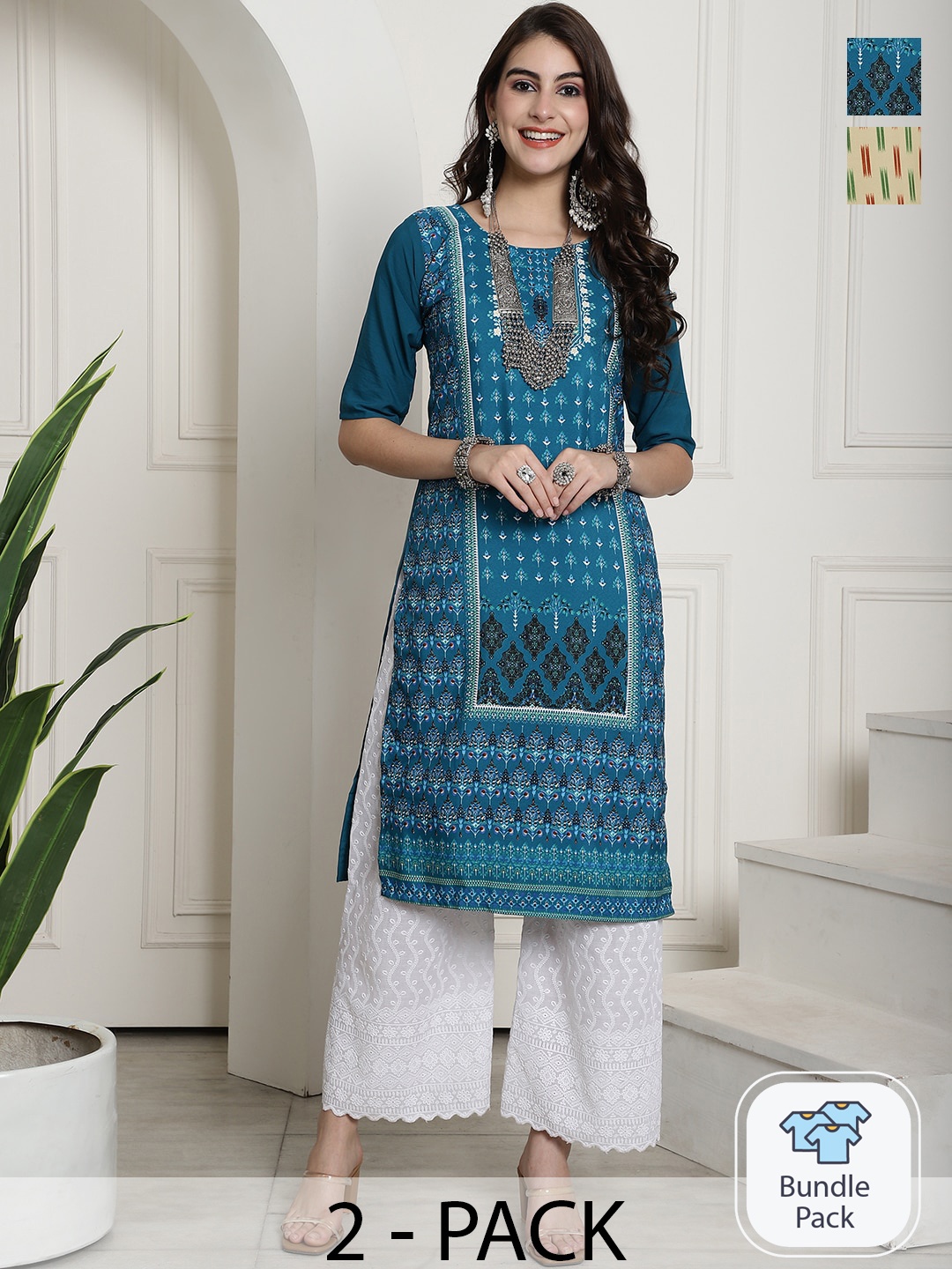 

7Threads Pack Of 2 Printed Straight Kurtas, Blue