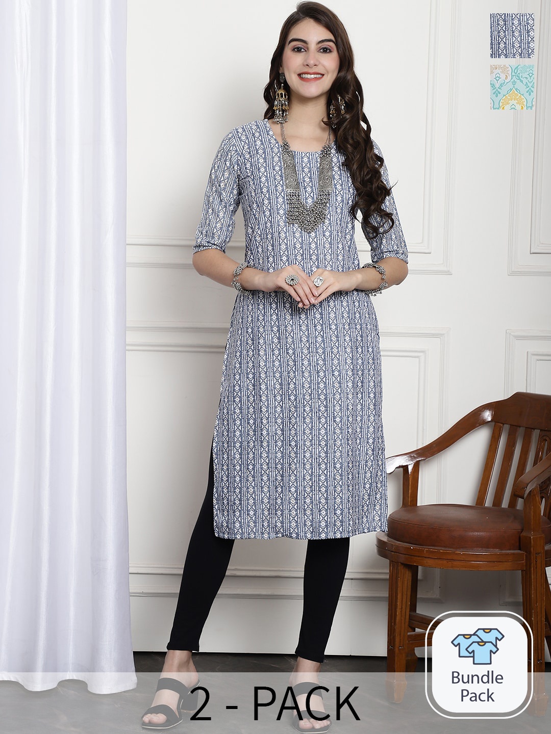 

7Threads Selection Of 2 Ethnic Motifs Printed Round Neck Short Sleeves Crepe Straight Kurta, Blue