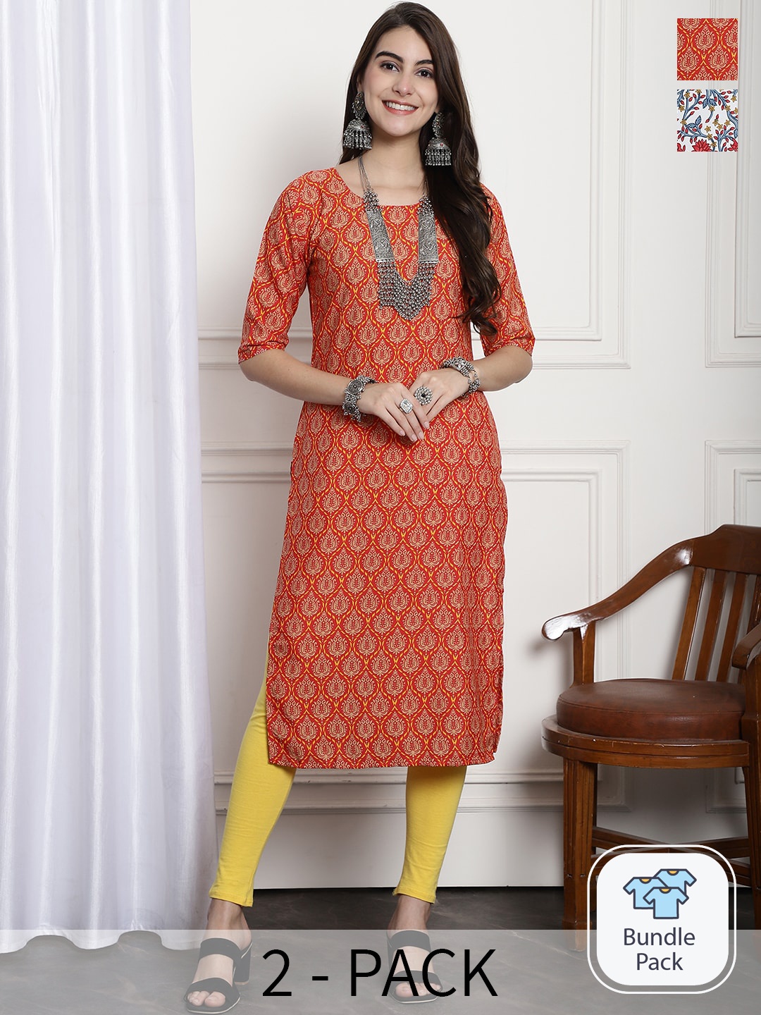 

7Threads Selection Of 2 Ethnic Motifs Printed Straight Kurta, Red