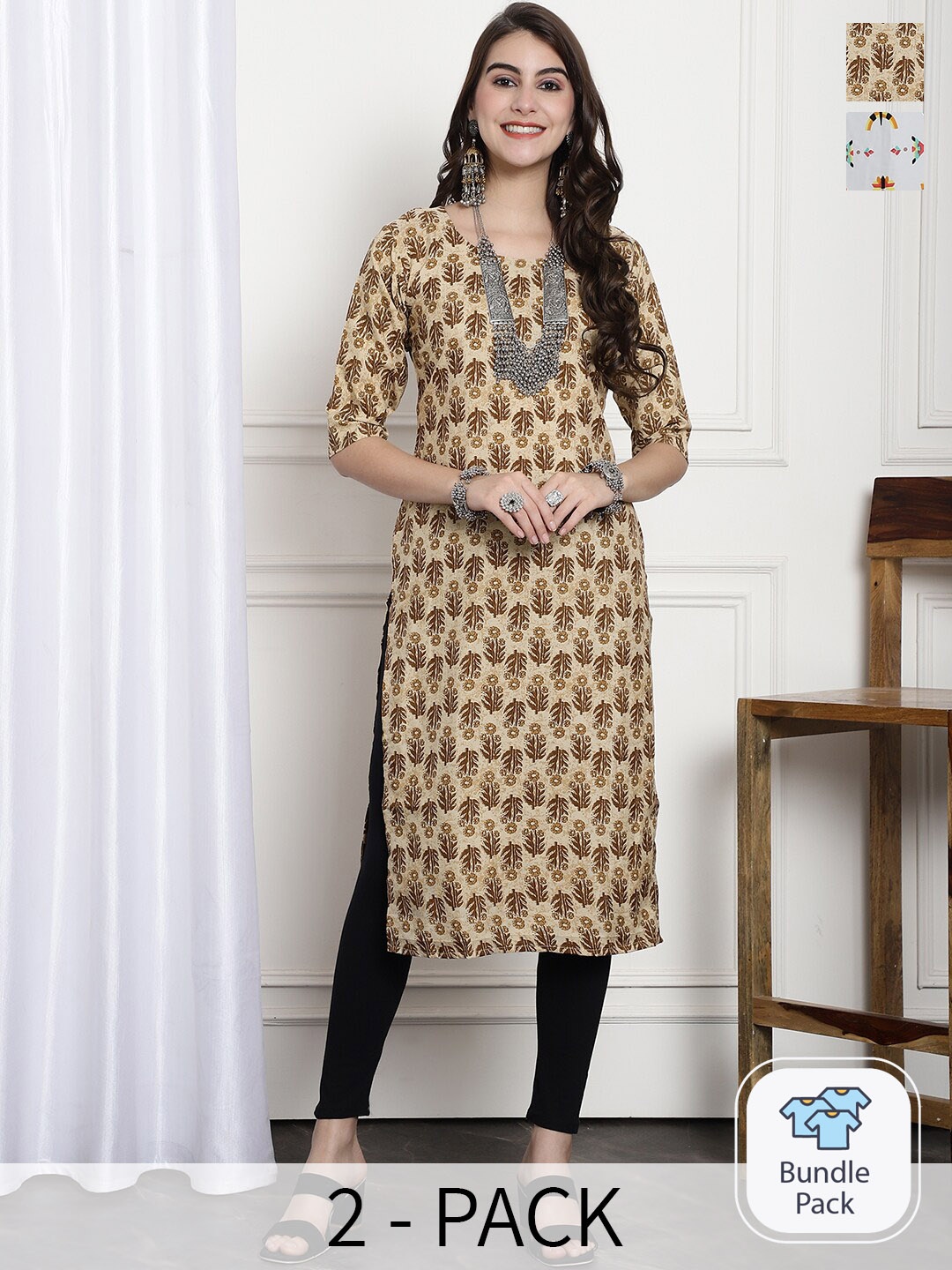 

7Threads Pack Of 2 Printed Straight Kurtas, Brown