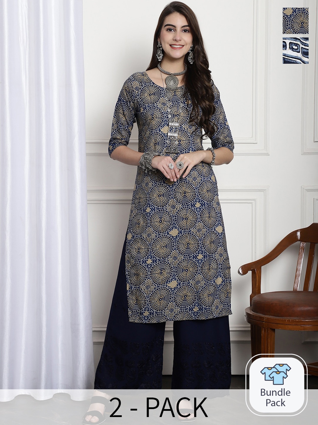 

7Threads Pack Of 2 Ethnic Motifs Printed Straight Kurtas, Grey