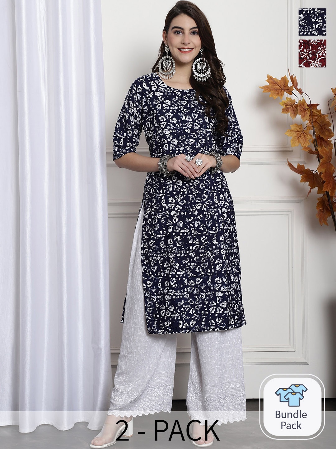 

7Threads Selection Of 2 Ethnic Motifs Printed Straight Kurta, Navy blue