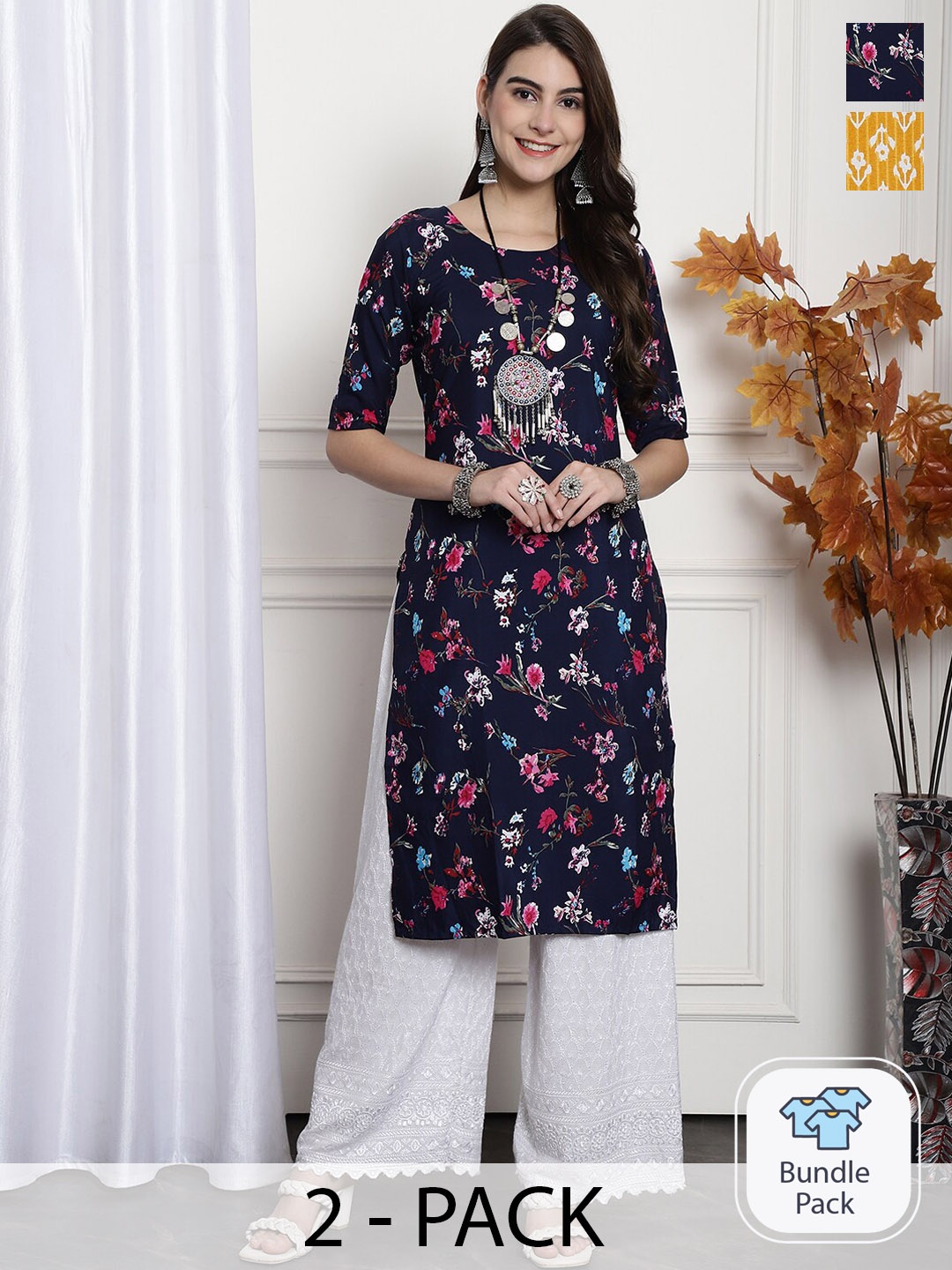 

7Threads Selection Of 2 Ethnic Motifs Printed Straight Crepe Kurta, Black