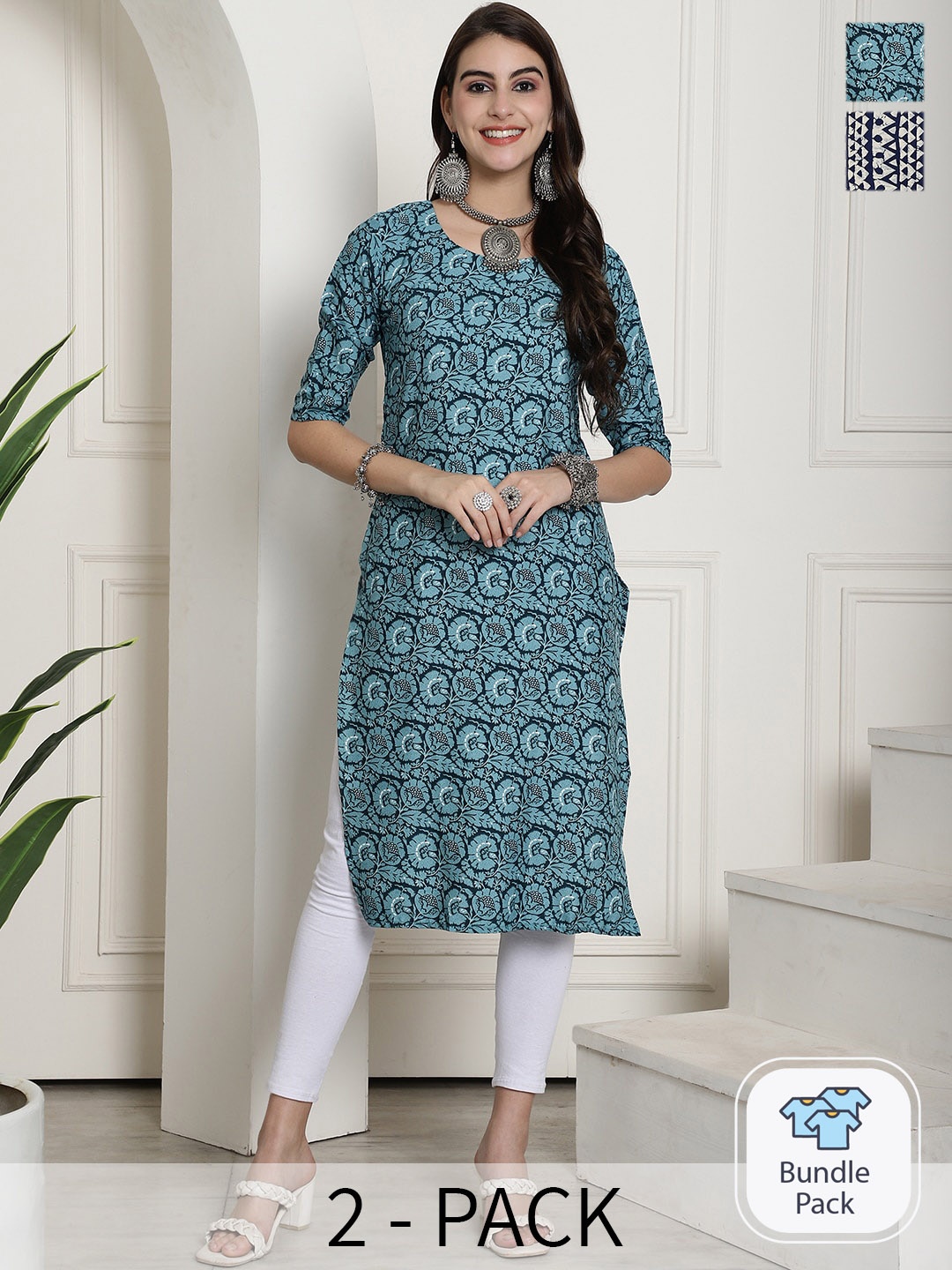 

7Threads Pack Of 2 Printed Straight Kurtas, Blue