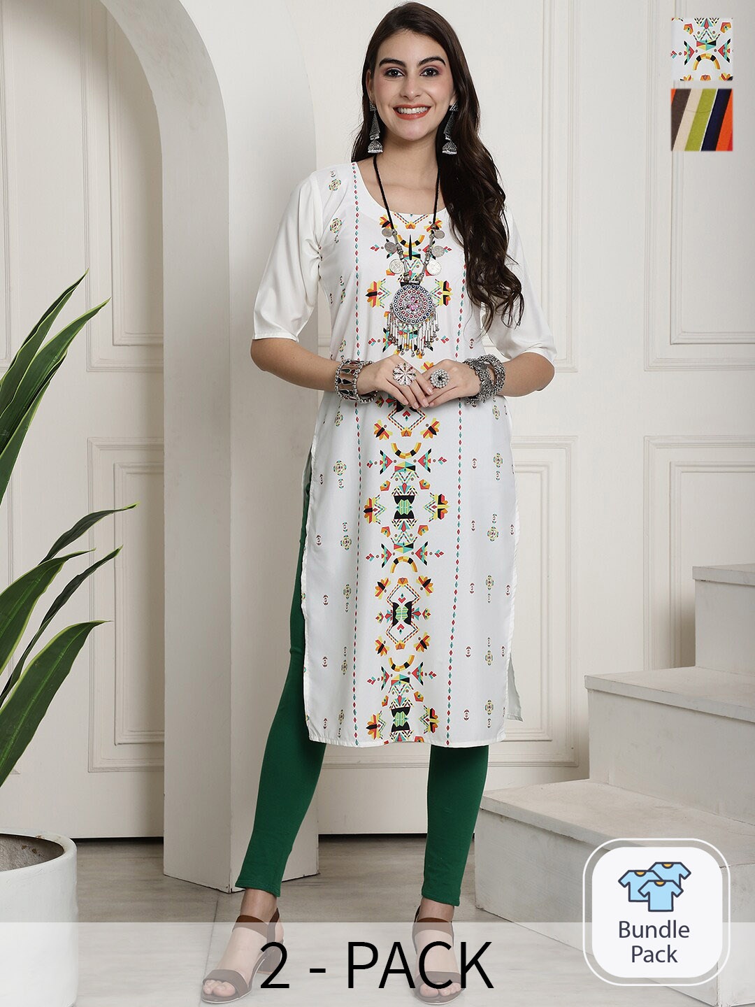 

7Threads Selection Of 2 Ethnic Motifs Printed Straight Kurta, White