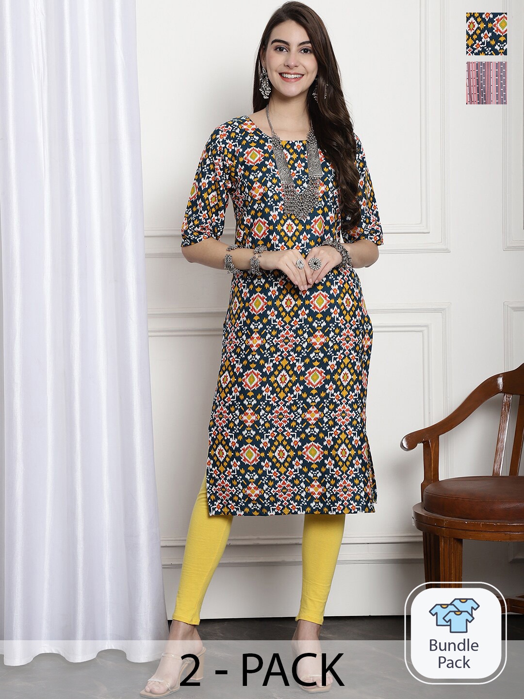 

7Threads A Selection of 2 Ethnic Motifs Printed Straight Kurta, Green