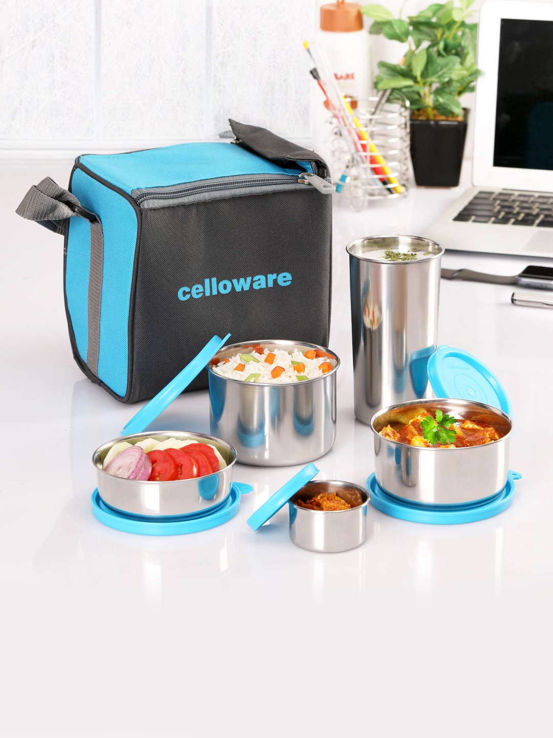 

Cello Mf Set of 5 Blue Steelox Stainless Steel Lunch Box with Jacket