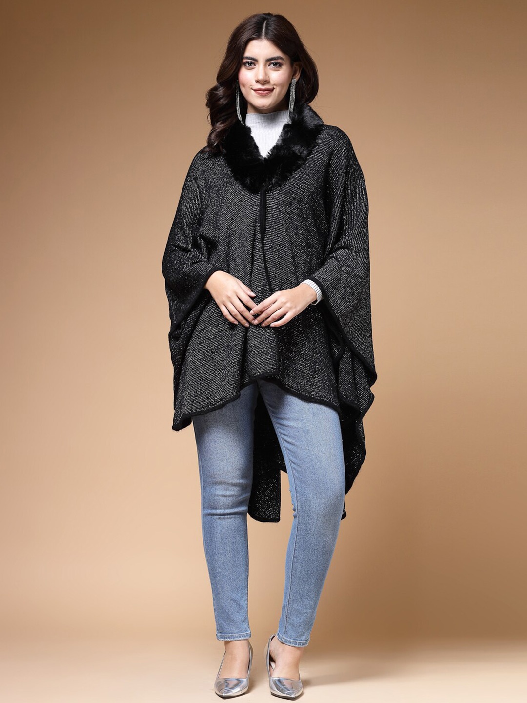 

Mafadeny Longline Poncho With Faux Fur Detail, Black