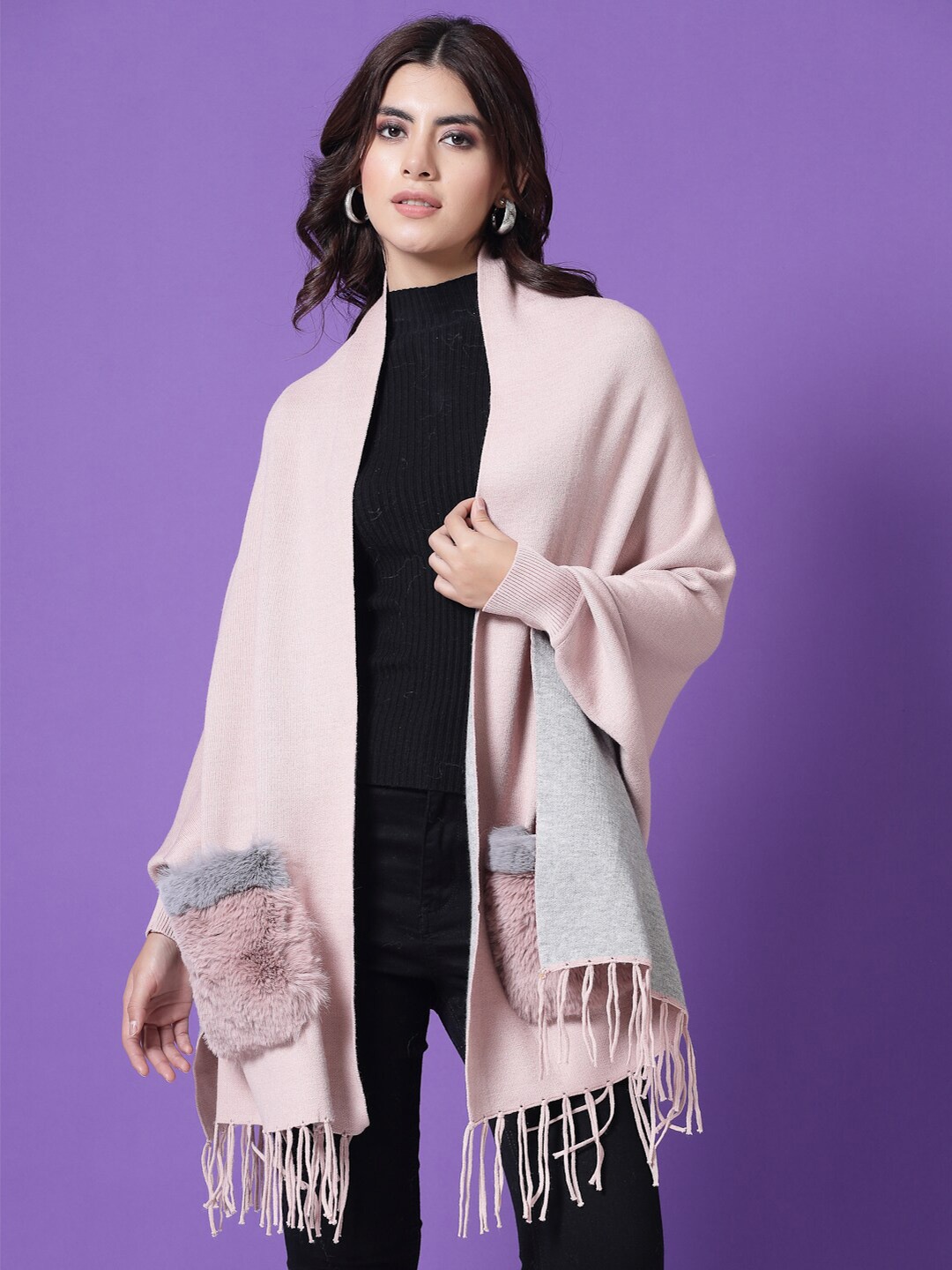 

Mafadeny Fringed Longline Poncho, Peach