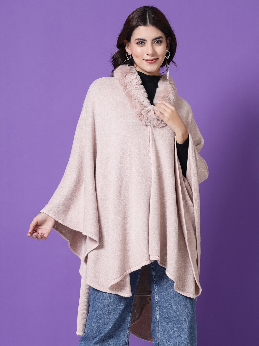 

Mafadeny Longline Poncho With Faux Fur Detail, Peach