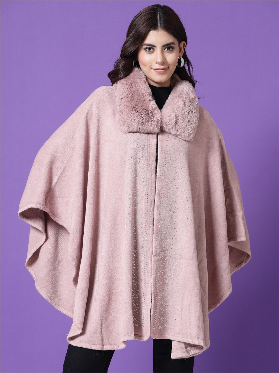 

Mafadeny Fur Detail V-Neck Longline Poncho, Peach