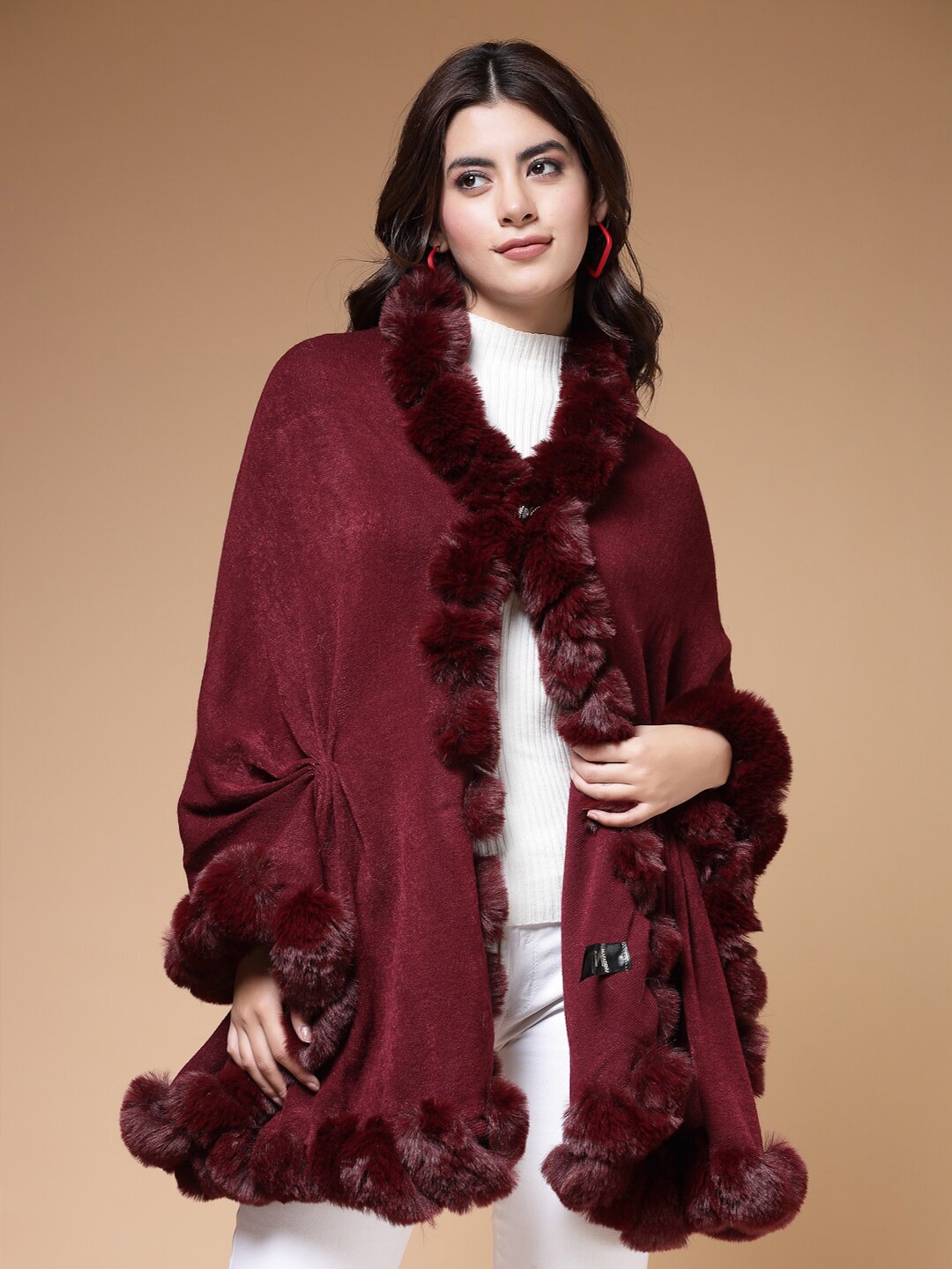 

Mafadeny Longline Poncho With Faux Fur Detail, Maroon