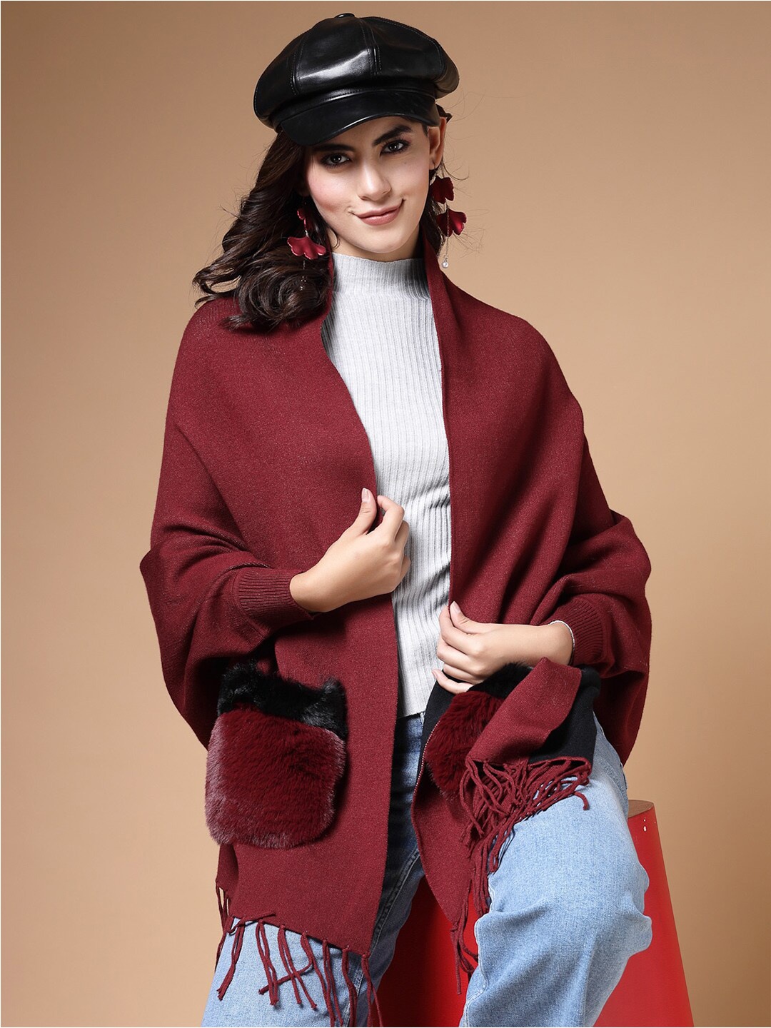 

Mafadeny V-Neck Longline Poncho, Maroon