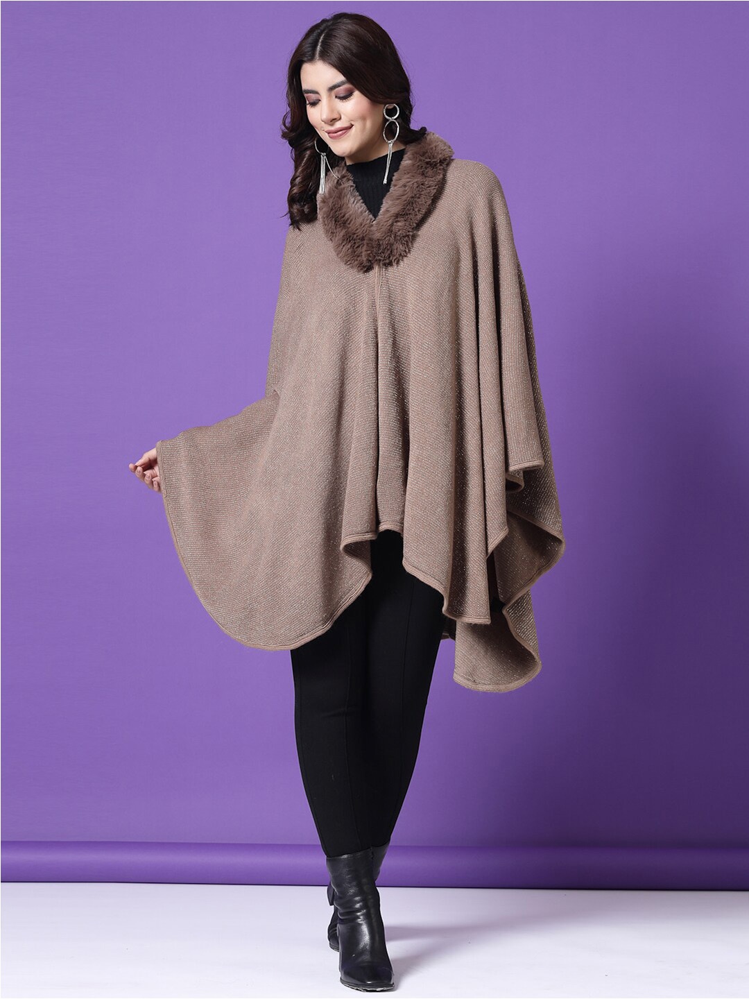 

Mafadeny Fur Detail V-Neck Longline Poncho, Khaki