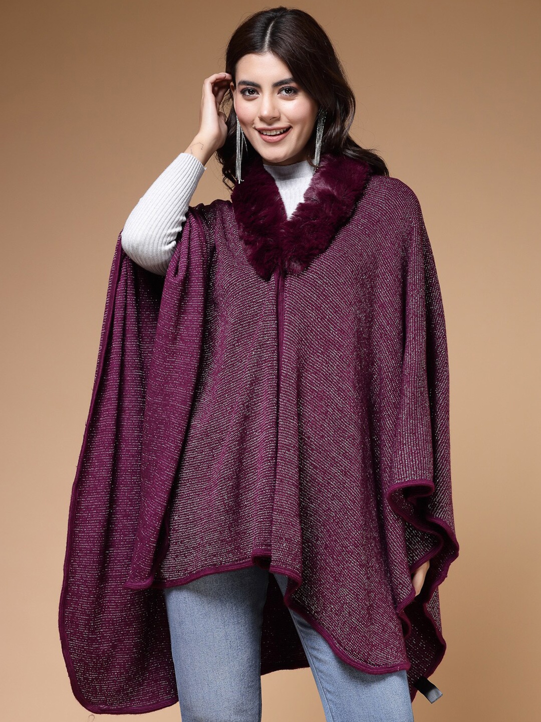 

Mafadeny Fur Detail V-Neck Longline Poncho, Burgundy