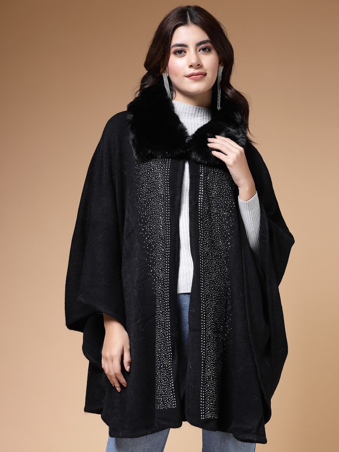 

Mafadeny Shirt Collar Embellished Longline Poncho, Black