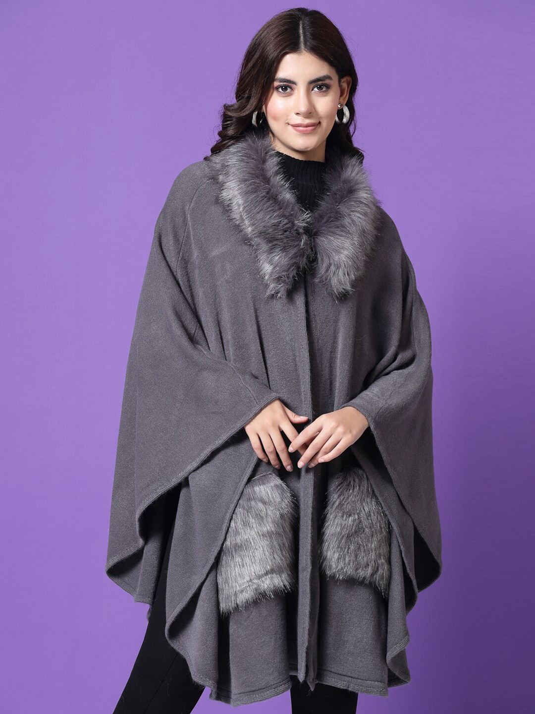 

Mafadeny V-Neck Longline Poncho Sweater, Grey