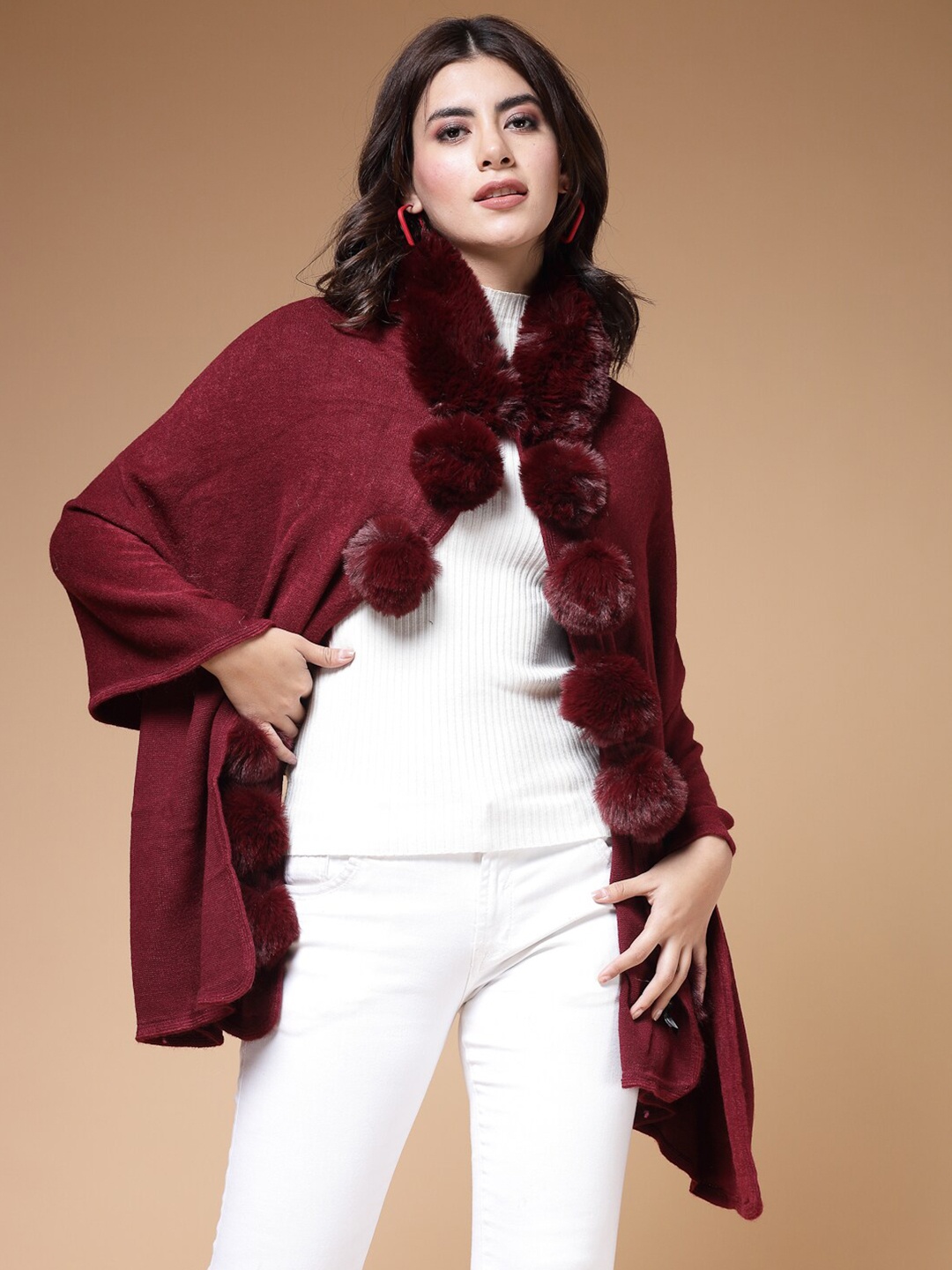 

Mafadeny Longline Poncho With Faux Fur Detail, Maroon