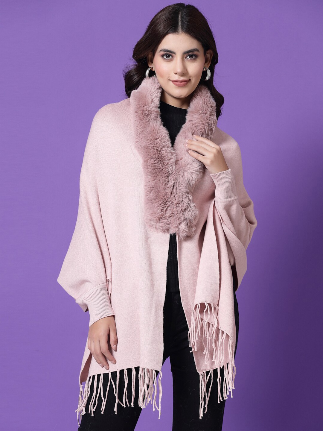 

Mafadeny Faux Fur Front-Open Poncho Sweater, Peach