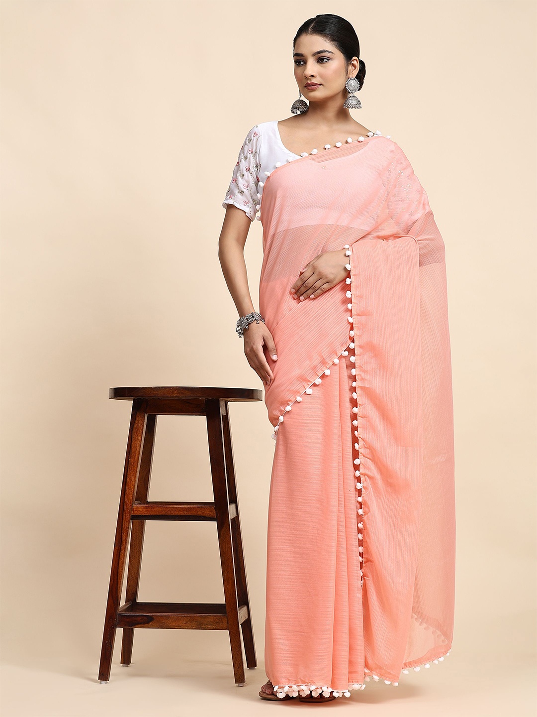 

Vastrasky Global Peach-Coloured Pure Chiffon Saree