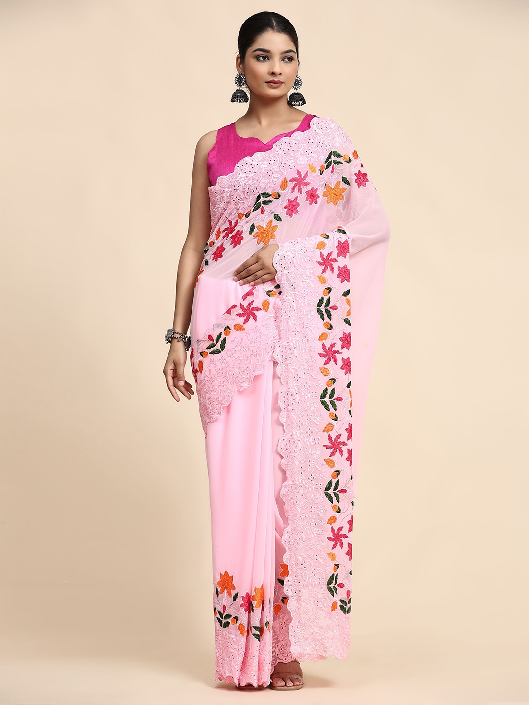

Vastrasky Global Floral Embroidered Pure Georgette Saree, Pink