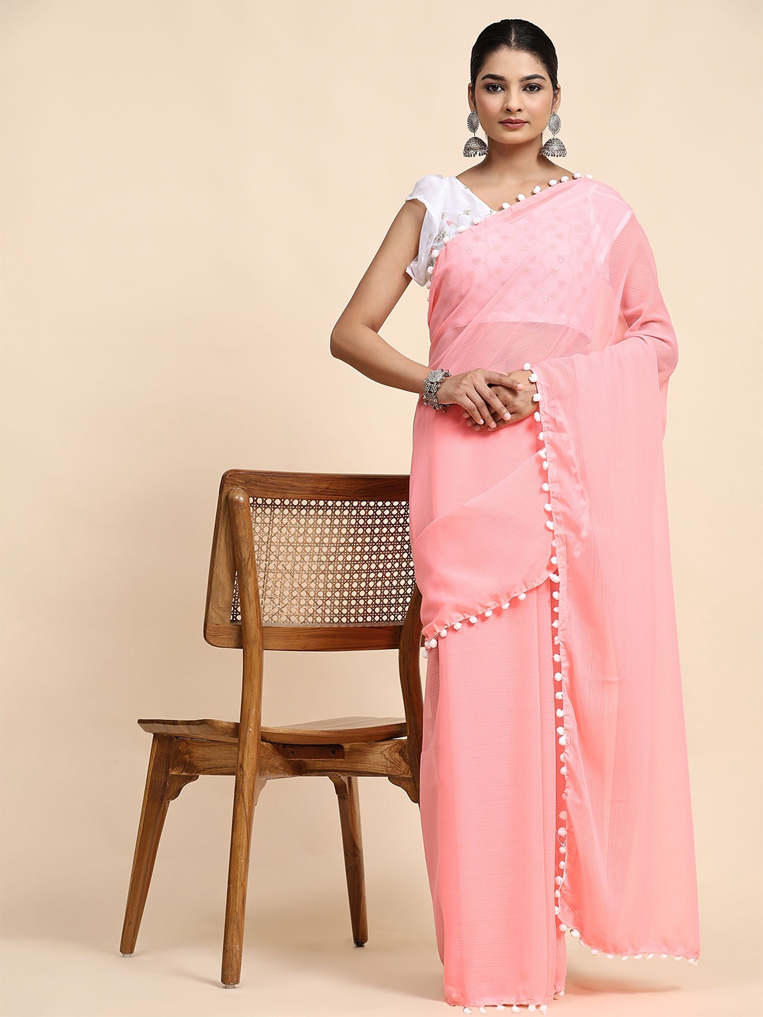

Vastrasky Global Pink Pure Chiffon Saree