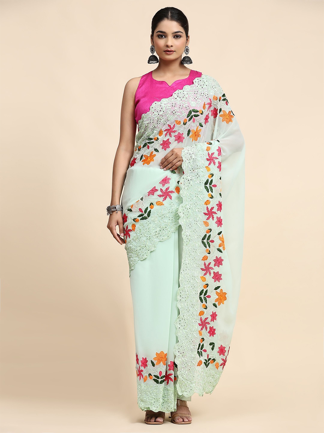 

Vastrasky Global Embroidered Pure Georgette Saree, Sea green