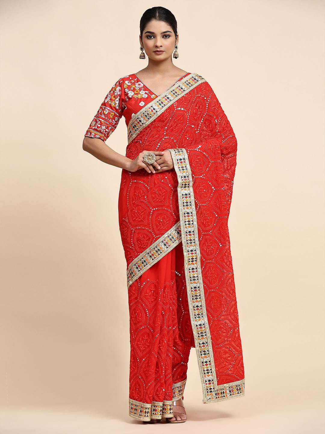 

Vastrasky Global Ethnic Motifs Embroidered Mirror Work Pure Georgette Saree, Red