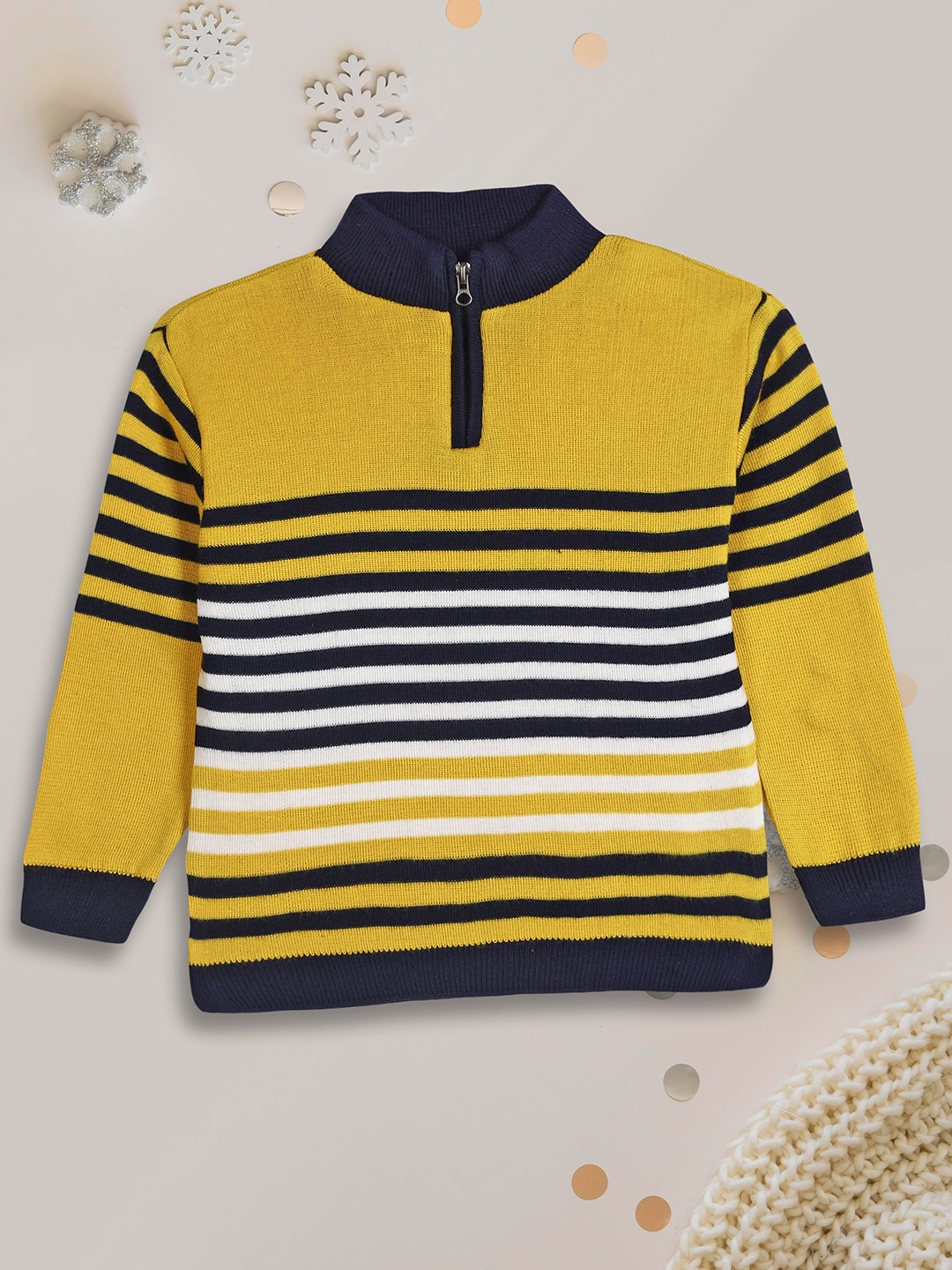 

V-Mart Boys Striped Half Zipper Henley Neck Acrylic Pullover Sweater, Mustard