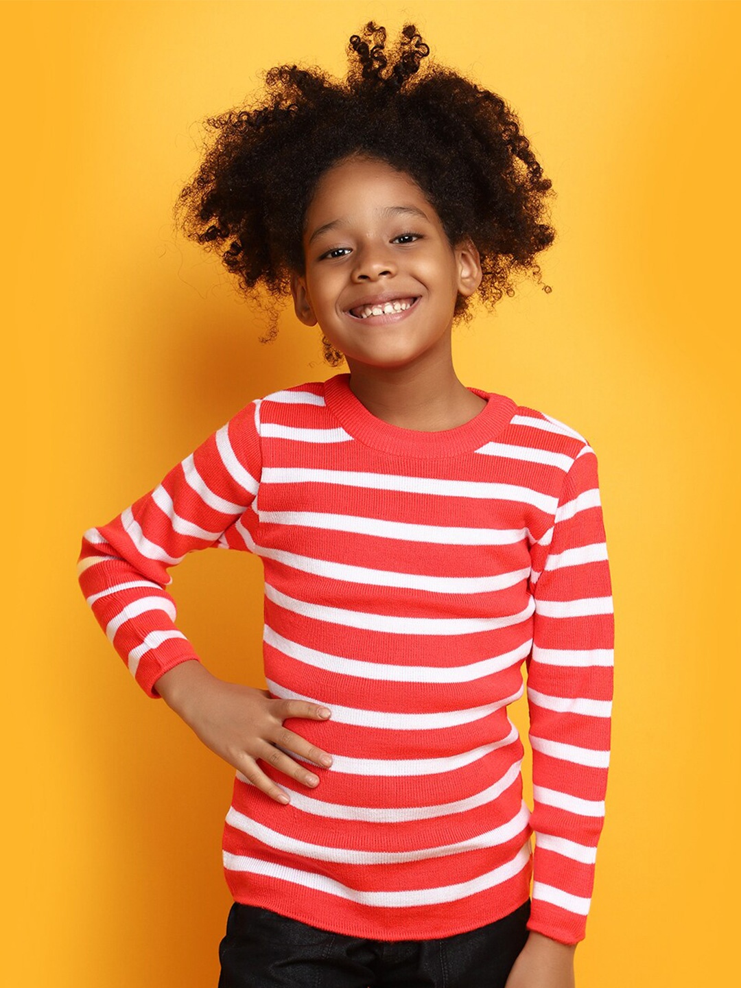 

V-Mart Girls Striped Round Neck Long Sleeves Acrylic Pullover Sweater, Coral