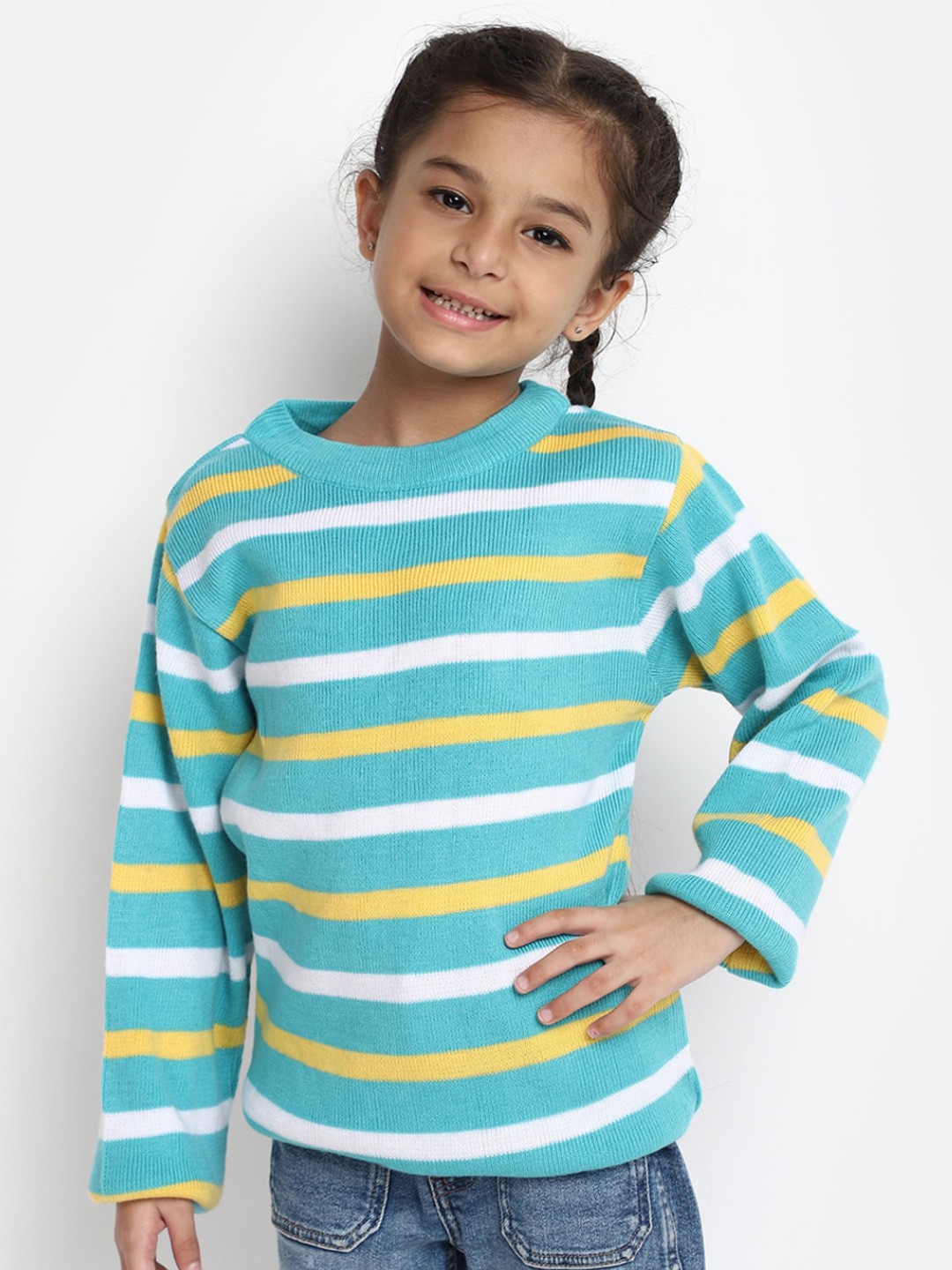 

V-Mart Girls Striped Acrylic Pullover, Green