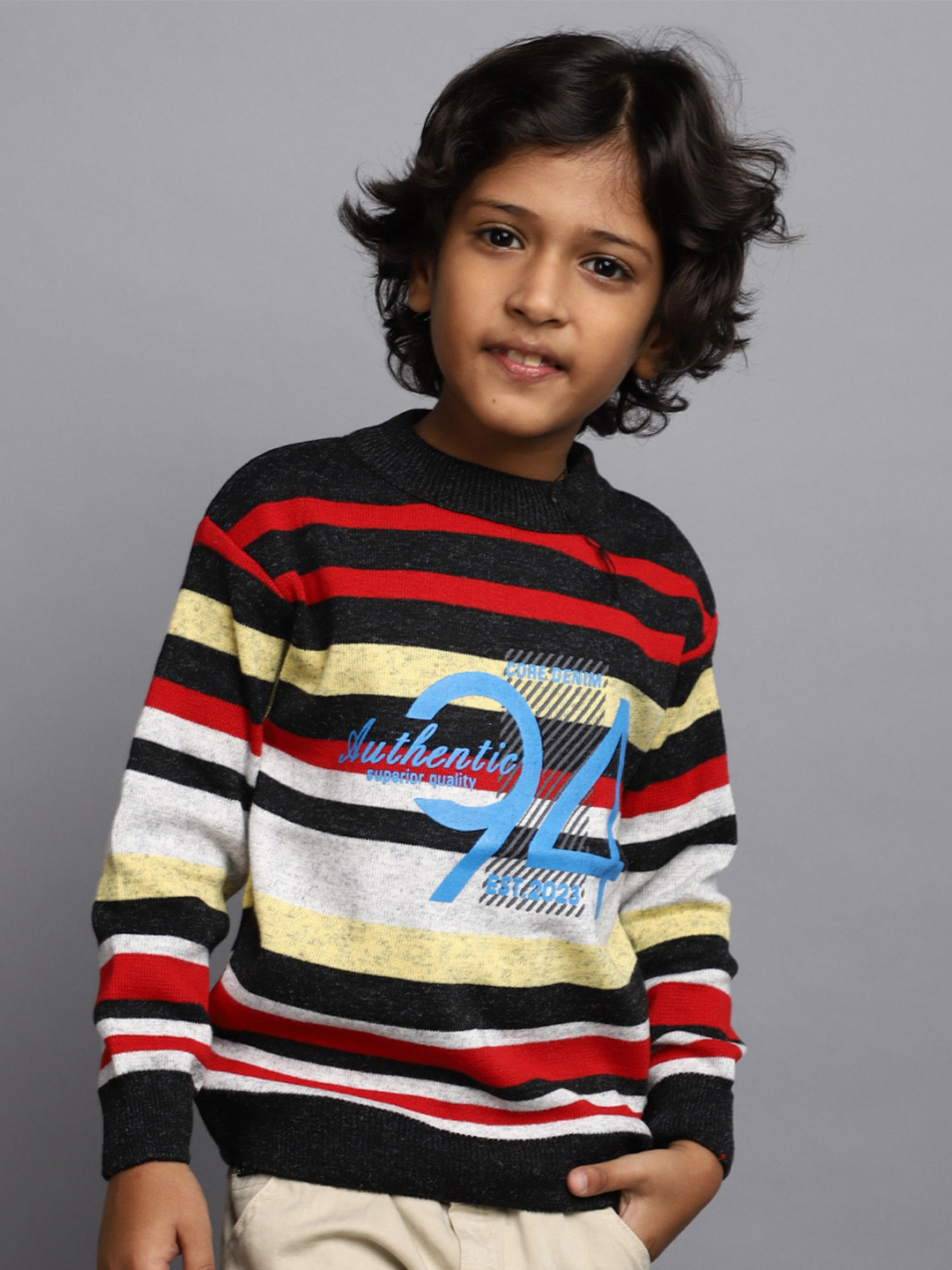

V-Mart Boys Striped Round Neck Long Sleeves Acrylic Pullover Sweater, Black