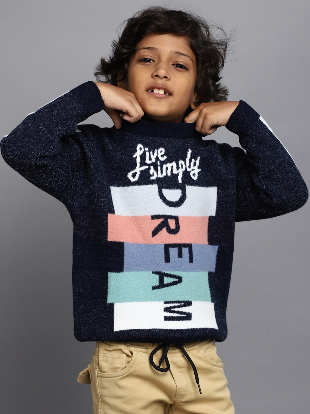 

V-Mart Boys Typography Printed Woollen Pullover Sweater, Navy blue