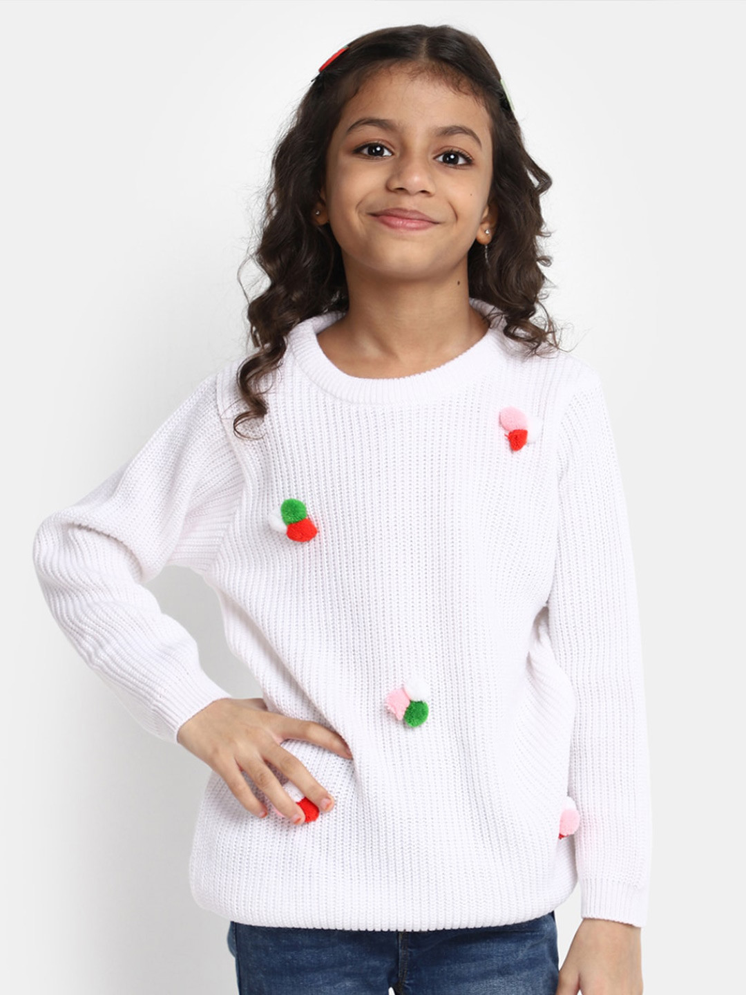 

V-Mart Girls Cable Knit Round Neck Long Sleeves Acrylic Pullover Sweater, White