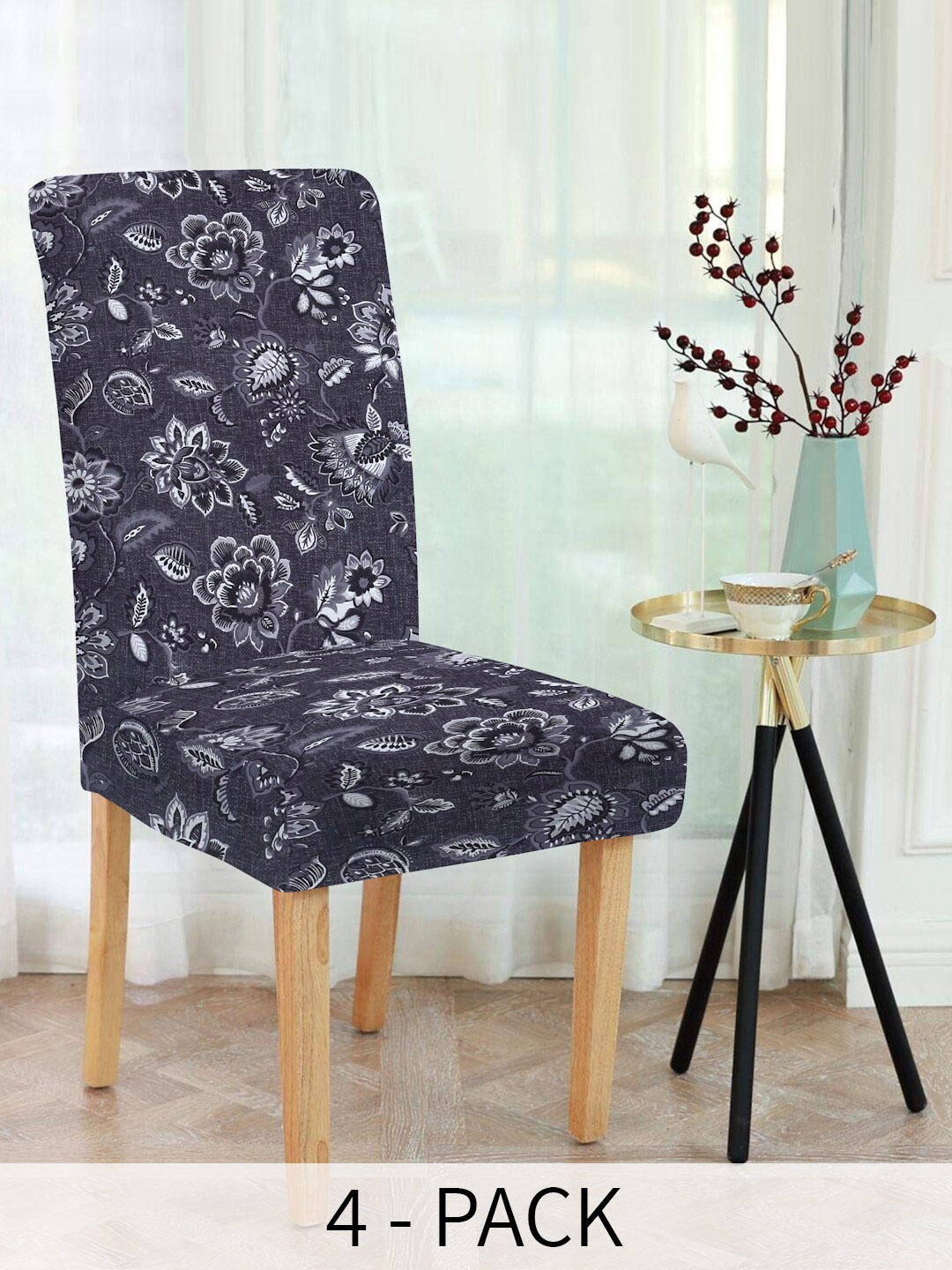 

Slushy Mushy Black Grey 4 Pieces Floral Printed Chair Covers