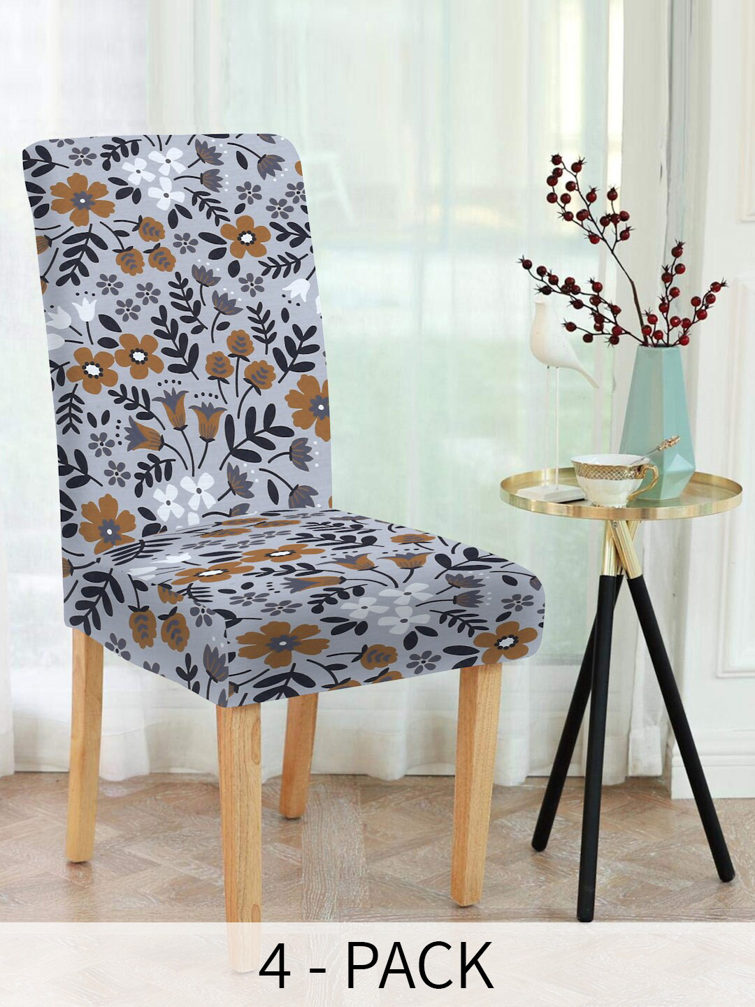 

Slushy Mushy Grey Black And Mustard 4 Pieces Floral Printed Chair Covers