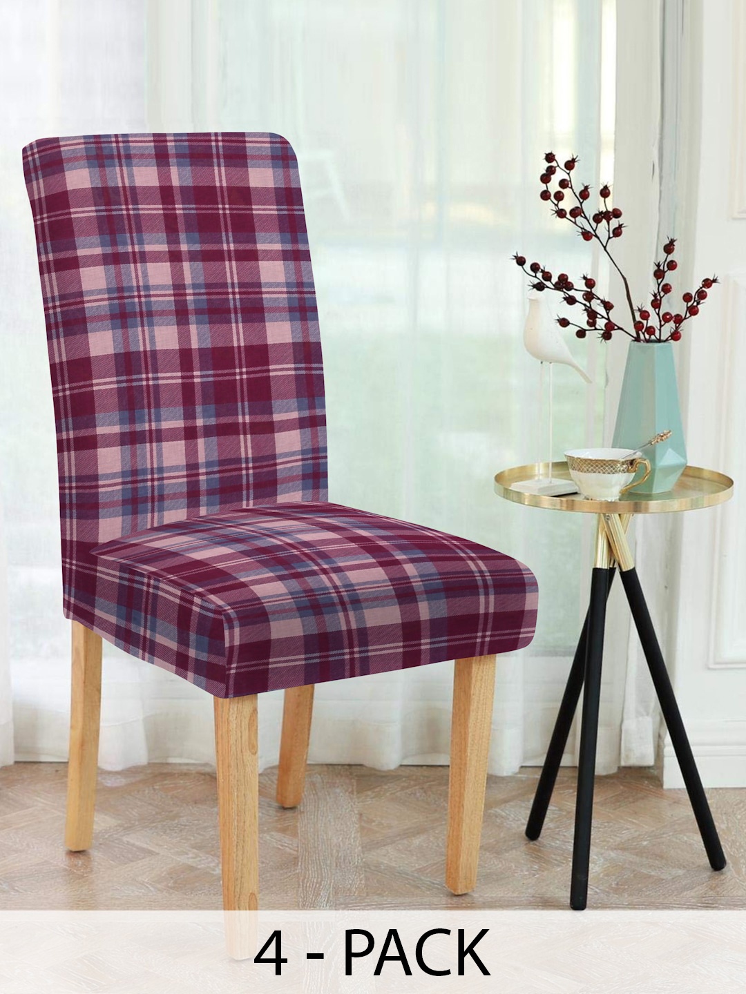 

Slushy Mushy Maroon and Grey 4 Pieces Checked Chair Covers