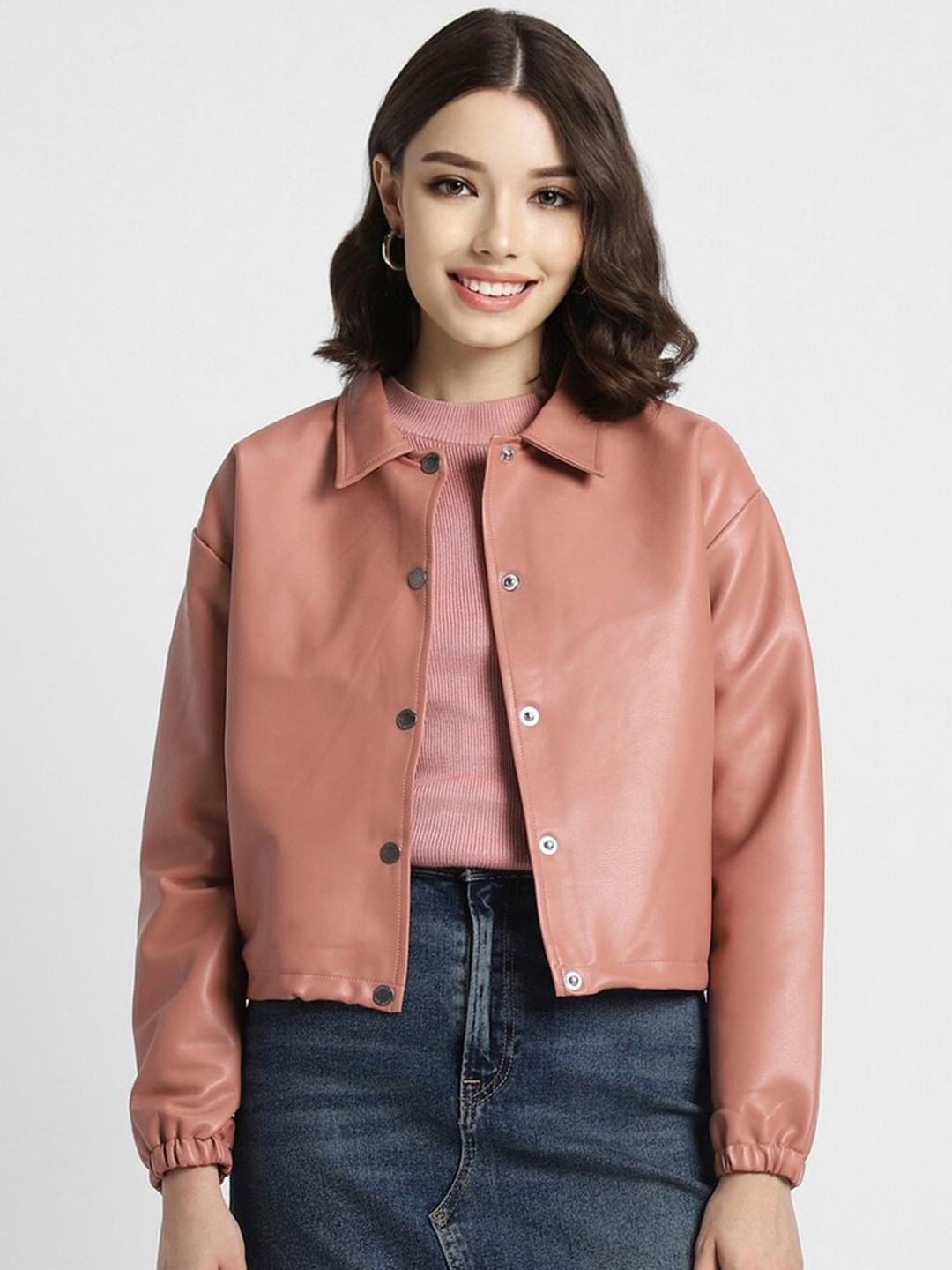 

FOREVER 21 Peach-Coloured Spread Collar Crop Tailored Jacket
