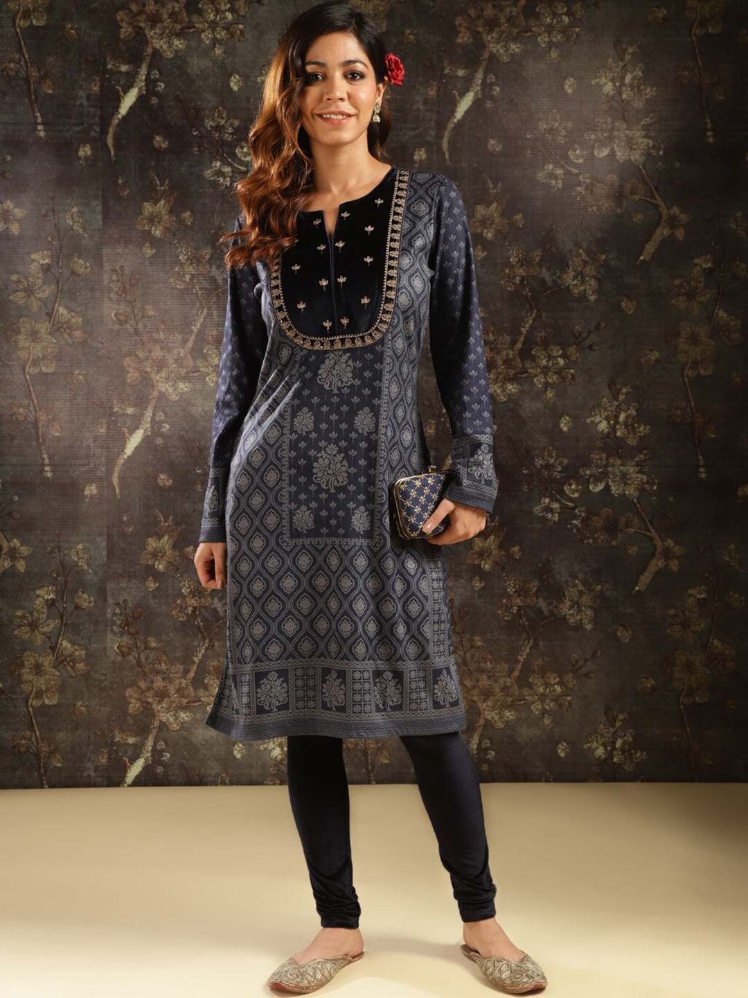 

Lakshita Ethnic Motifs Printed Sequinned Woolen Kurta With Velvet Yoke Design, Navy blue