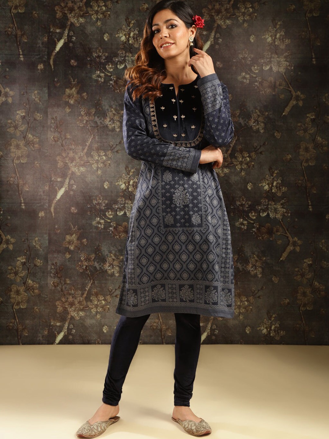 

Lakshita Ethnic Motifs Printed Sequinned Woolen Kurta With Velvet Yoke Design, Navy blue