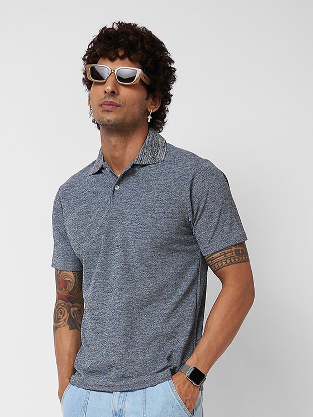 

VASTRADO Self Design Polo Collar Cotton T-shirt, Grey
