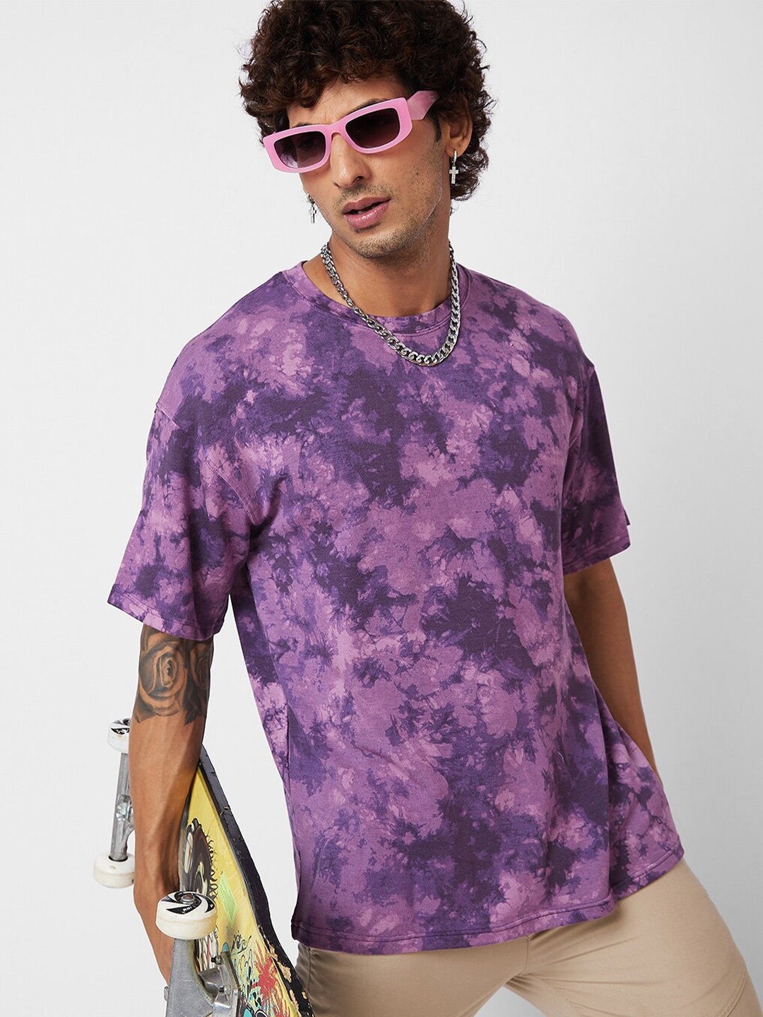 

VASTRADO Tie and Dye Drop-Shoulder Sleeves Oversized Cotton T-shirt, Purple