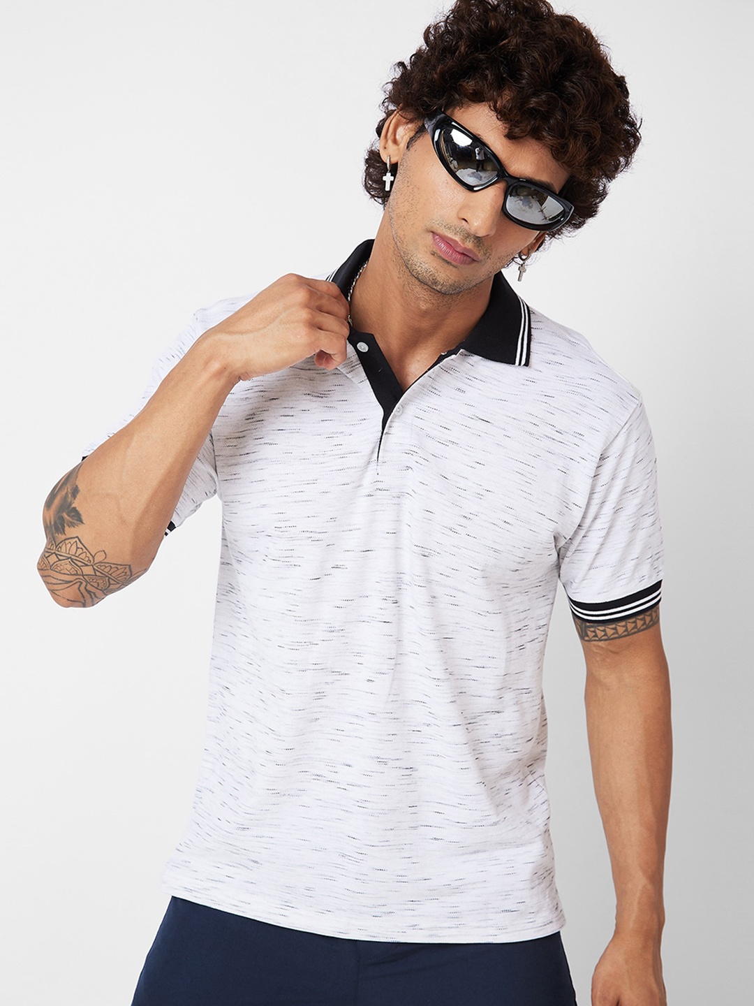 

VASTRADO Abstract Printed Polo Collar Cotton T-shirt, White