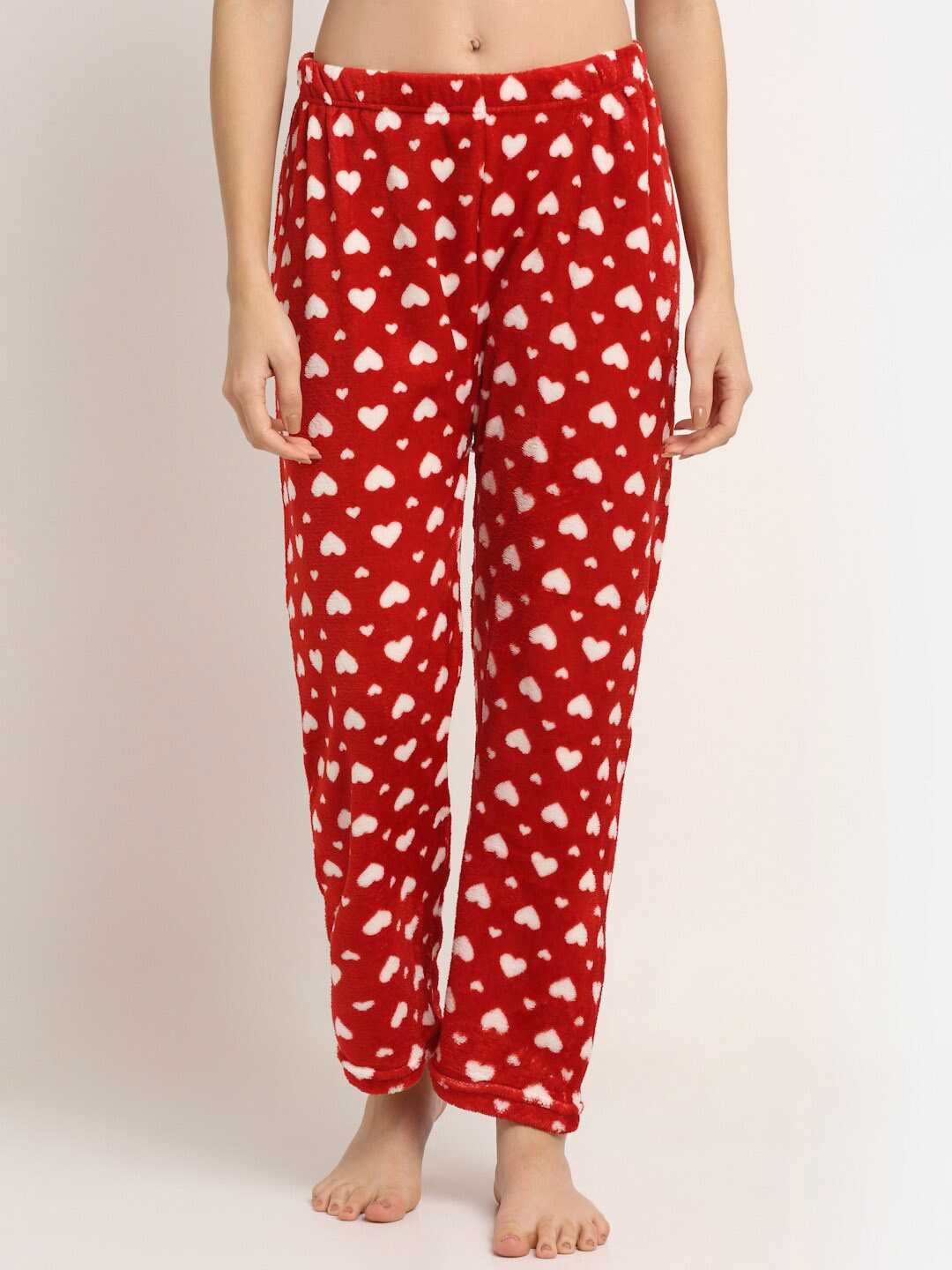 

NEUDIS Women Heart Printed Knitted Fleece Lounge Pant, Red