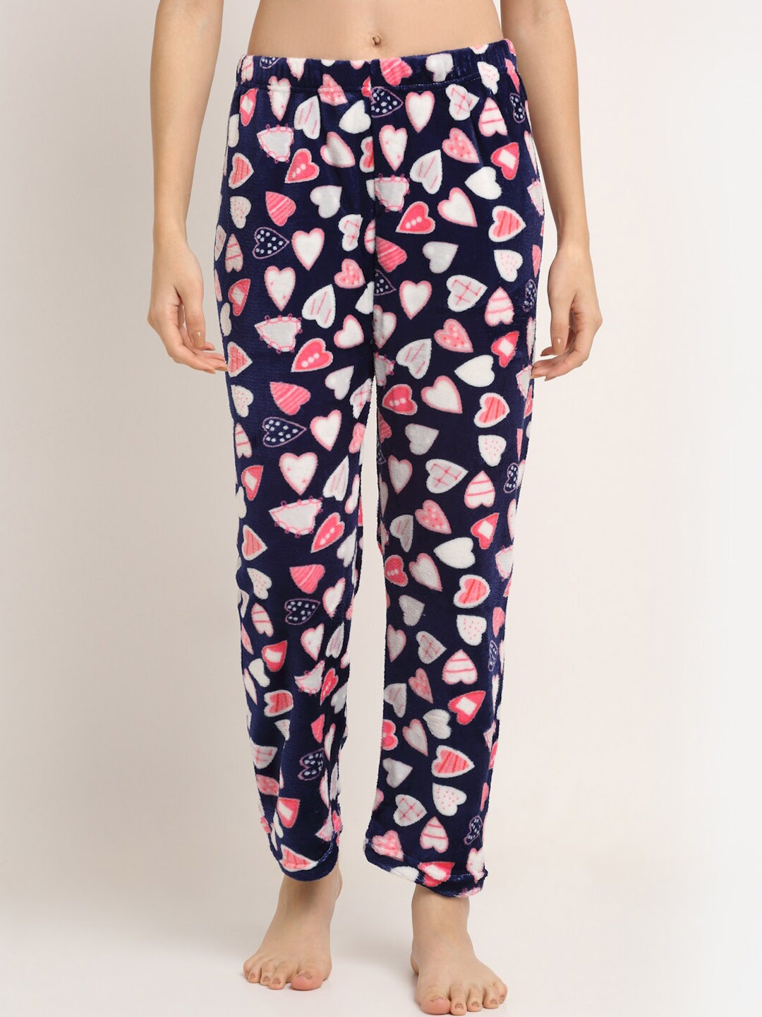 

NEUDIS Women Printed Mid-Rise Fleece Lounge Pants, Navy blue