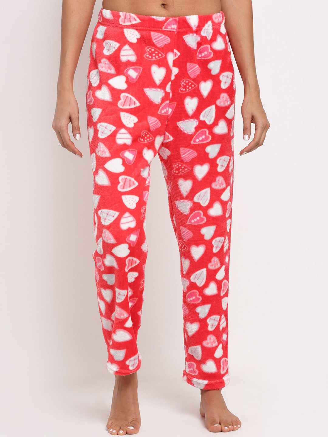 

NEUDIS Women Printed Mid-Rise Fleece Lounge Pants, Red